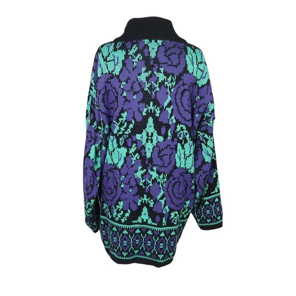 Vintage 80s Michael Carrie black purple green floral tunic sweater L - Picture 4 of 5